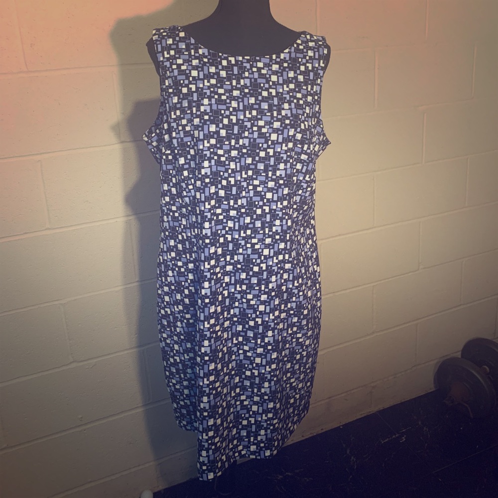 Blue, white, and black geometric pattern dress
